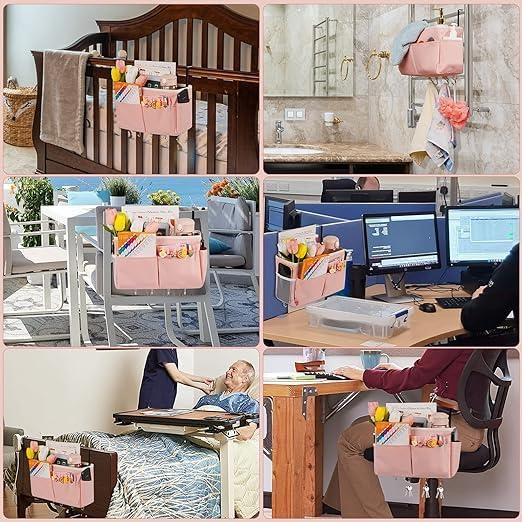 Bedside Caddy Organizer 5 Pockets and 4 Hooks for Bunk Bed Pink