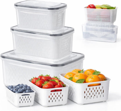 4-in-1 Produce Saver Containers - Fresh Berry Keeper with Removable Colander & Airtight Lid - Stackable Fruit and Vegetable Fridge Organizer Bins - BPA-Free Plastic Food Storage (3pcs)