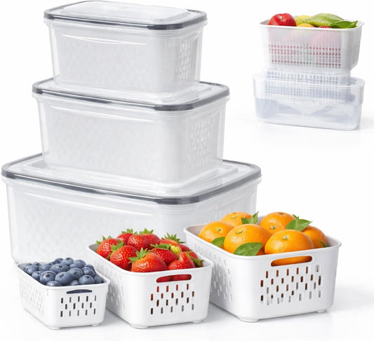 4-in-1 Produce Saver Containers - Fresh Berry Keeper with Removable Colander & Airtight Lid - Stackable Fruit and Vegetable Fridge Organizer Bins - BPA-Free Plastic Food Storage