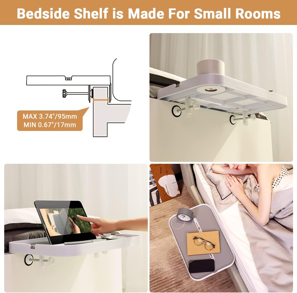 KIWIFOTOS Raised Bedside Shelf for Bed Tray Table Under Mattress
