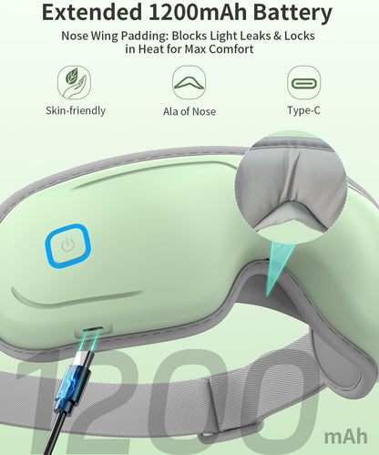 Eye Massager with Heat and Compression - Avocado Green Heated Eye Mask with Vibration, Bluetooth Music, 6 Modes, Rechargeable 1200mAh Battery for Eye Strain, Dry Eyes, Migraines Relief