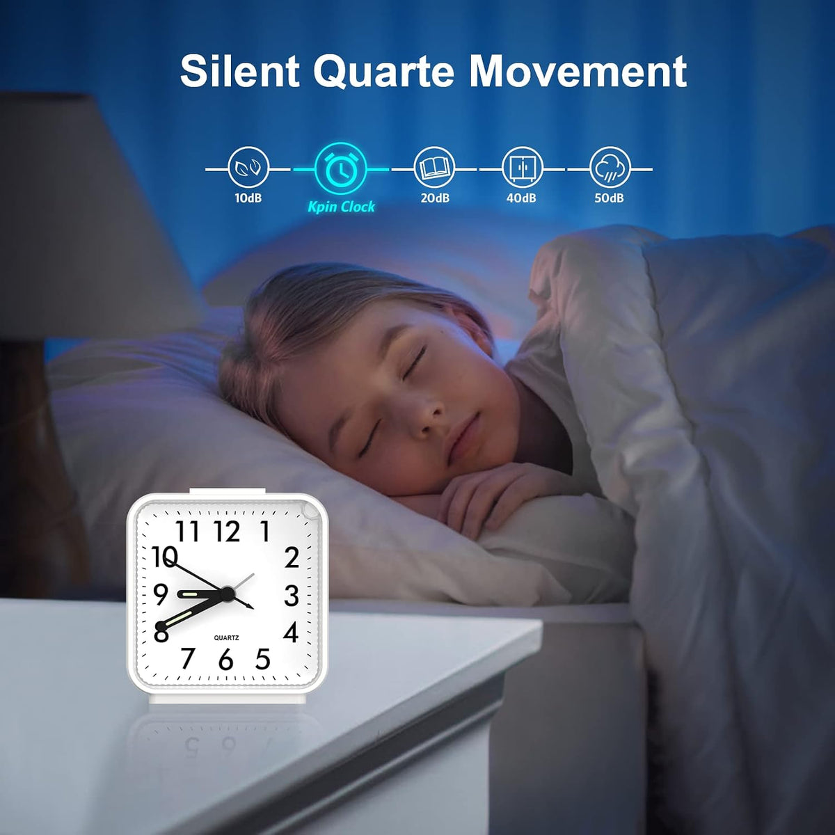 Analog Alarm Clock, Silent Non Ticking Table Clock, Travel Bedside Clock with Snooze, Night Light, Ascending Beep Sounds, Battery Operated Loud Small Clocks for Bedroom Travel Office, Black