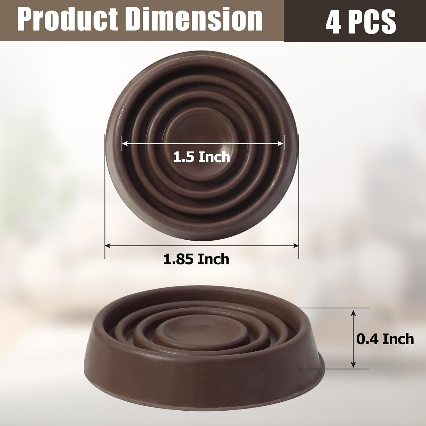 4 Pack 1.5 Inch Round Rubber Caster Cups Floor Protector Brown | Dense Rubber Anti-Slip Firm Grip, Floor Protection From Scratches, Slide-In No Tools Needed, Blends With Wood Metal Finishes
