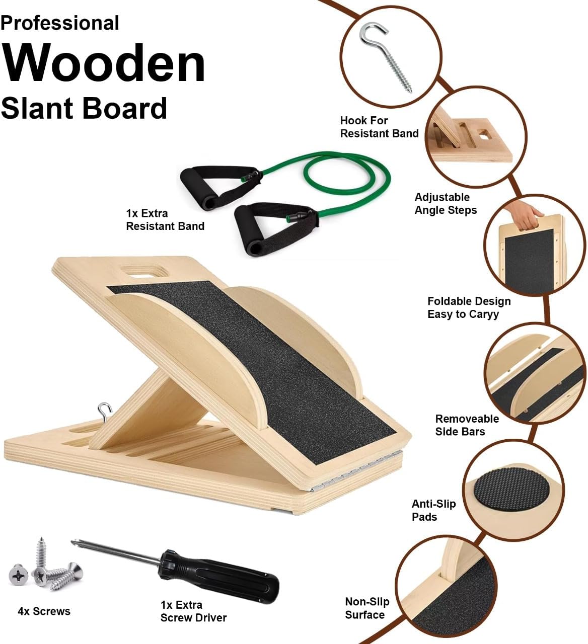 3-in-1 Portable Wooden Slant Board for Calf Stretching - Calf Stretcher & Incline Board Convertible to Balance Board + Resistance Band - 5 Angles, Anti-Slip Squat Wedge for Squats, Plantar Fasciitis, Achilles & Physical Therapy