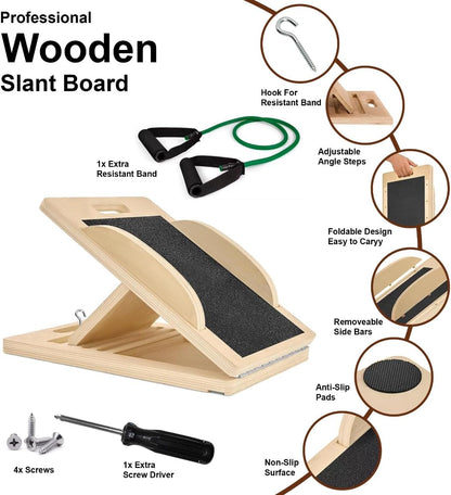 3-in-1 Portable Wooden Slant Board for Calf Stretching - Calf Stretcher & Incline Board Convertible to Balance Board + Resistance Band - 5 Angles, Anti-Slip Squat Wedge for Squats, Plantar Fasciitis, Achilles & Physical Therapy