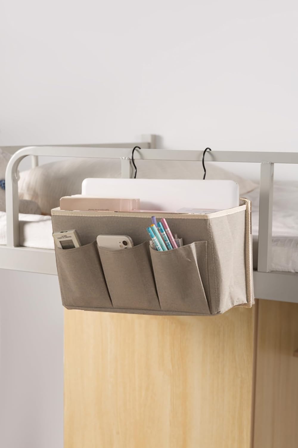 Bedside Caddy/Bedside Storage Organizer Hanging Bag with Three Options,Suitable for home beds, sofas, and dormitory beds—can hold magazines, books, phones, iPads, remote controls. (Gray)