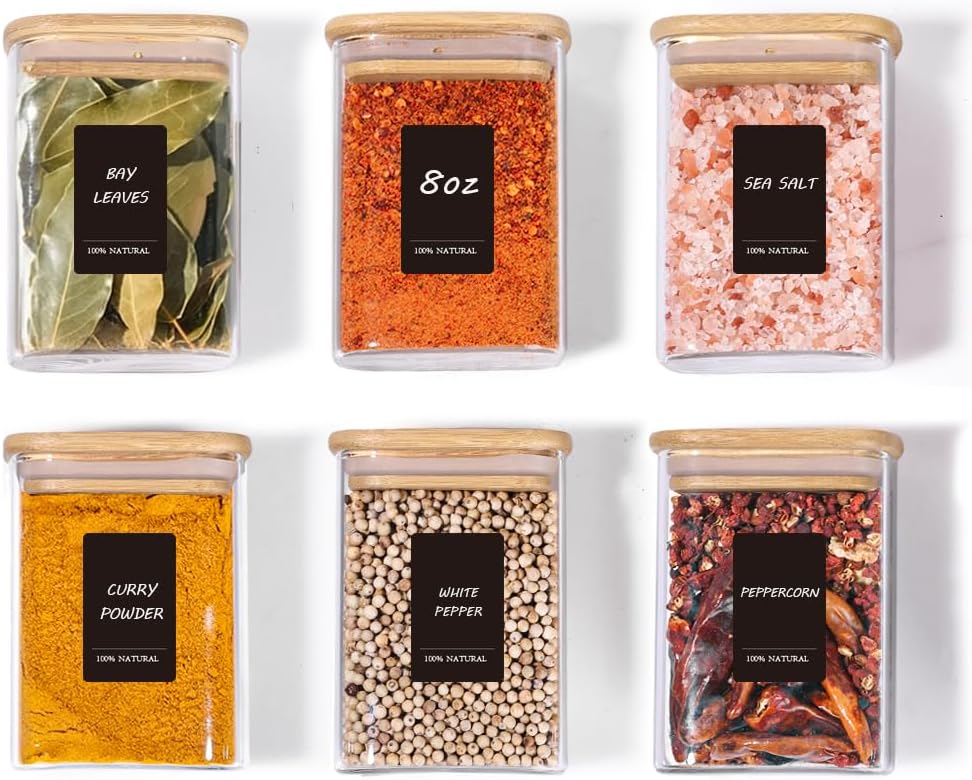 ComSaf Spice Jars 8oz Set of 6, Small Seasoning Containers with 9 Labels | Small Glass Jars With Labels, Empty Rectangle Canisters, Spice Rack Organization, Loose Tea, Herb, Powder, Dry Good, BPA Free