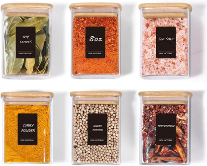 ComSaf Spice Jars 8oz Set of 6, Small Seasoning Containers with 9 Labels | Small Glass Jars With Labels, Empty Rectangle Canisters, Spice Rack Organization, Loose Tea, Herb, Powder, Dry Good, BPA Free