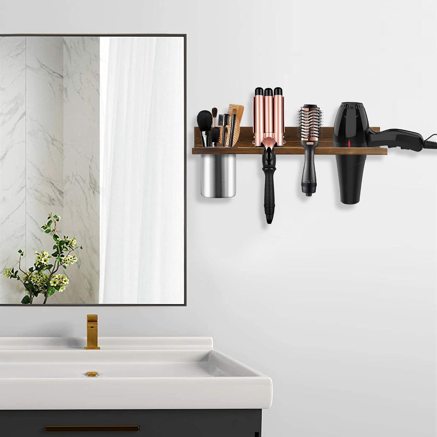 Hair Tool Organizer Wall Mounted - Wooden Dryer Holder, Blow Dryer Holder for Bathroom, Rustic Styling Tools Organizer for Flat Iron, Curling Wand, Hair Straighteners, Brushes, Black
