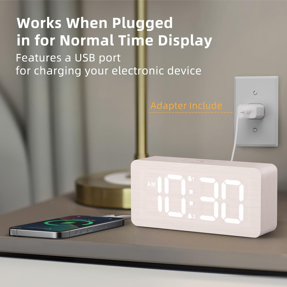 uscce Wooden Digital Alarm Clocks for Bedrooms with 0-100% Dimmable Display