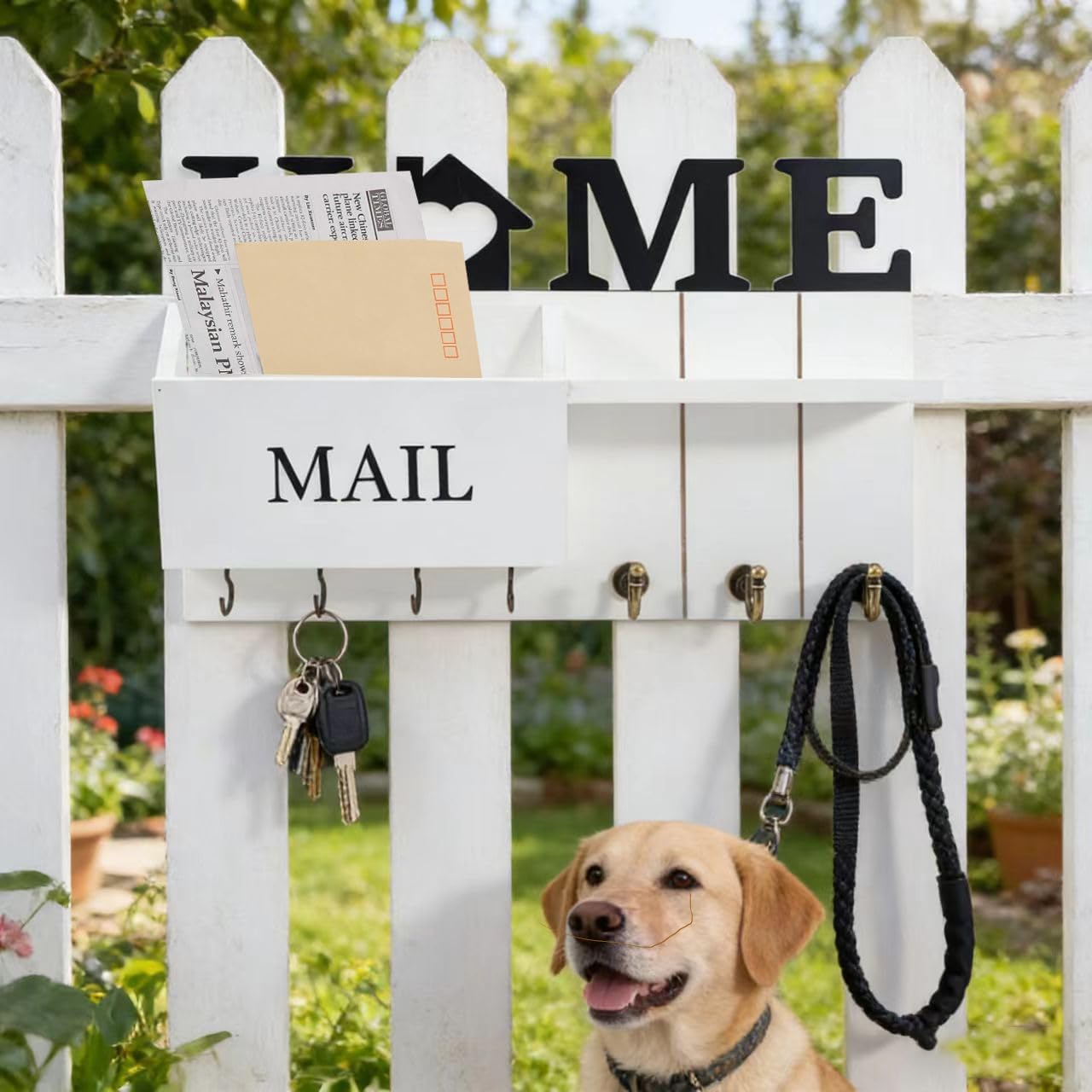 Rustic Wall Key Holder with Shelf & Hooks - Mail Organizer for Entryway | Wooden Key Rack for Keys, Coats, Dog Leash - Brown