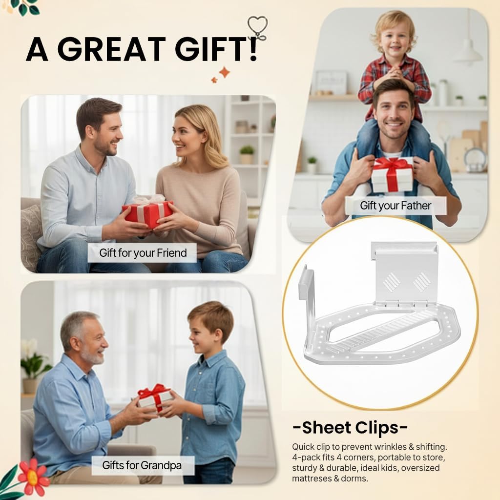 Bed Sheet Holders - 4-Pack Strong Grip Sheet Straps, Keep Sheets in Place on Mattress, Deep Pocket Mattress Sheet Grippers, Universal Fit for All Bed Sizes (White)