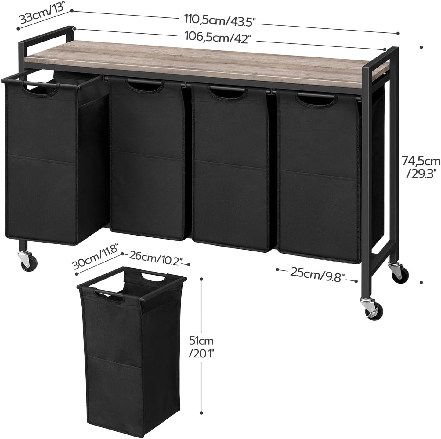 HOOBRO Laundry Sorter 4 Sections, Laundry Hamper with Wheels, 4 × 10.5 Gal (39.8L), Rolling Laundry Basket, Pull-Out and Removable Oxford Fabric Bags, Greige and Black BG04XY01