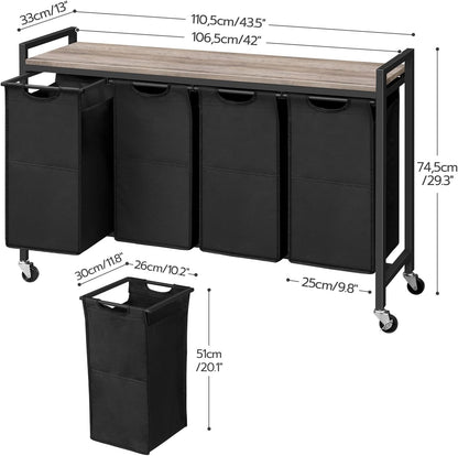 HOOBRO Laundry Sorter 4 Sections, Laundry Hamper with Wheels, 4 × 10.5 Gal (39.8L), Rolling Laundry Basket, Pull-Out and Removable Oxford Fabric Bags, Greige and Black BG04XY01