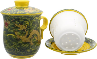 Porcelain Tea Cup with Infuser Lid and Saucer Sets - Chinese Jingdezhen Ceramics Coffee Mug Teacup Loose Leaf Tea Brewing System for Home Office