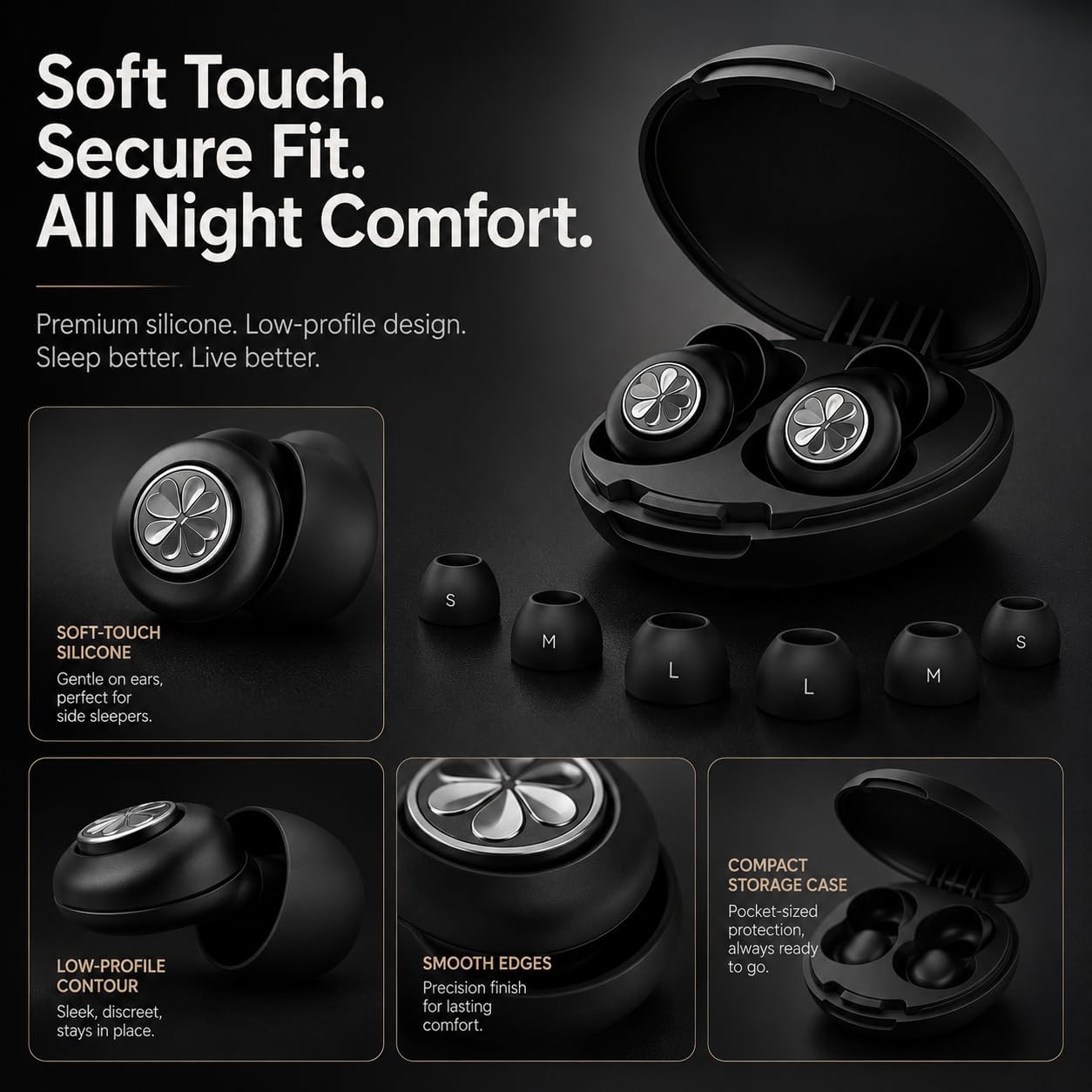 HEKKE 45dB Ear Plugs for Sleeping, Soft Silicone for Side Sleepers, 4 Sizes | Reusable soft silicone with XS/S/M/L sizes for side sleepers, concerts, flights and hotels; carrying case included.