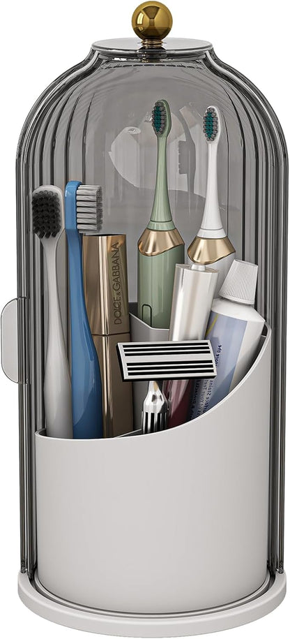 Toothbrush and Toothpaste Holders with Cover, Grey White | Waterproof and Dustproof, 360° Rotating Base, Smooth Sliding Door, 3 Slots, for Bathroom Countertop