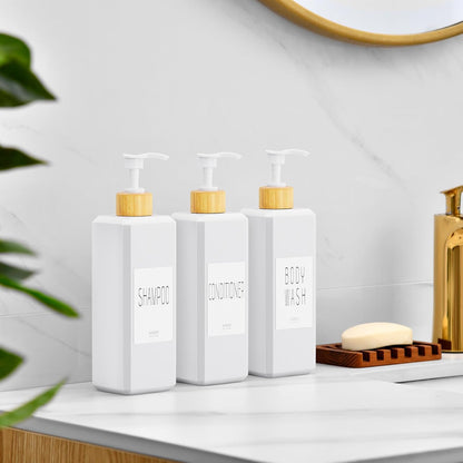 VITVITI Shampoo and Conditioner Dispenser, Shower Soap Dispenser Wall Mount | 17OZ Refillable Plastic Shampoo/Body Wash Shower Bottles for Bathroom with Pump/Labels, Bamboo Wall Mounted, Clear