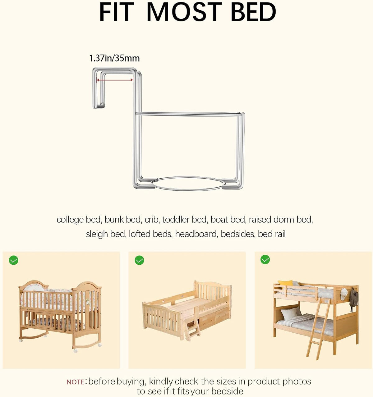 Cup Holder for Bed (Diameter: 3.3IN) Drink Holder Water Bottle/Glass Organizer for Wood Dorm Room Bunk Bed Crib, Metal Toddle Bed,Loft Bedside, Headbed, Car,Office Desk Partition