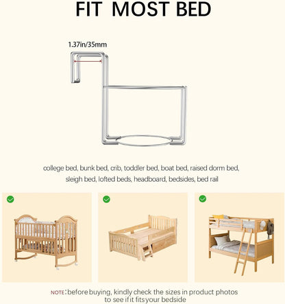Cup Holder for Bed (Diameter: 3.3IN) Drink Holder Water Bottle/Glass Organizer for Wood Dorm Room Bunk Bed Crib, Metal Toddle Bed,Loft Bedside, Headbed, Car,Office Desk Partition
