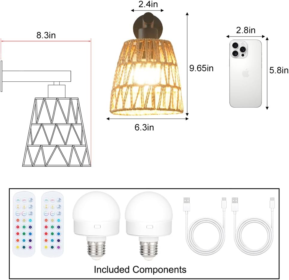 Boho Battery Operated Wall Sconces, Rattan Wall Sconce Set of 2 with Remote, RGB 15 Colors Dimmable Rechargeable Wall Light, Black Indoor Wireless Wall Lamp, Farmhouse Rattan Wall Lighting for Bedroom