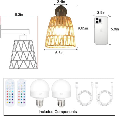 Boho Battery Operated Wall Sconces, Rattan Wall Sconce Set of 2 with Remote, RGB 15 Colors Dimmable Rechargeable Wall Light, Black Indoor Wireless Wall Lamp, Farmhouse Rattan Wall Lighting for Bedroom