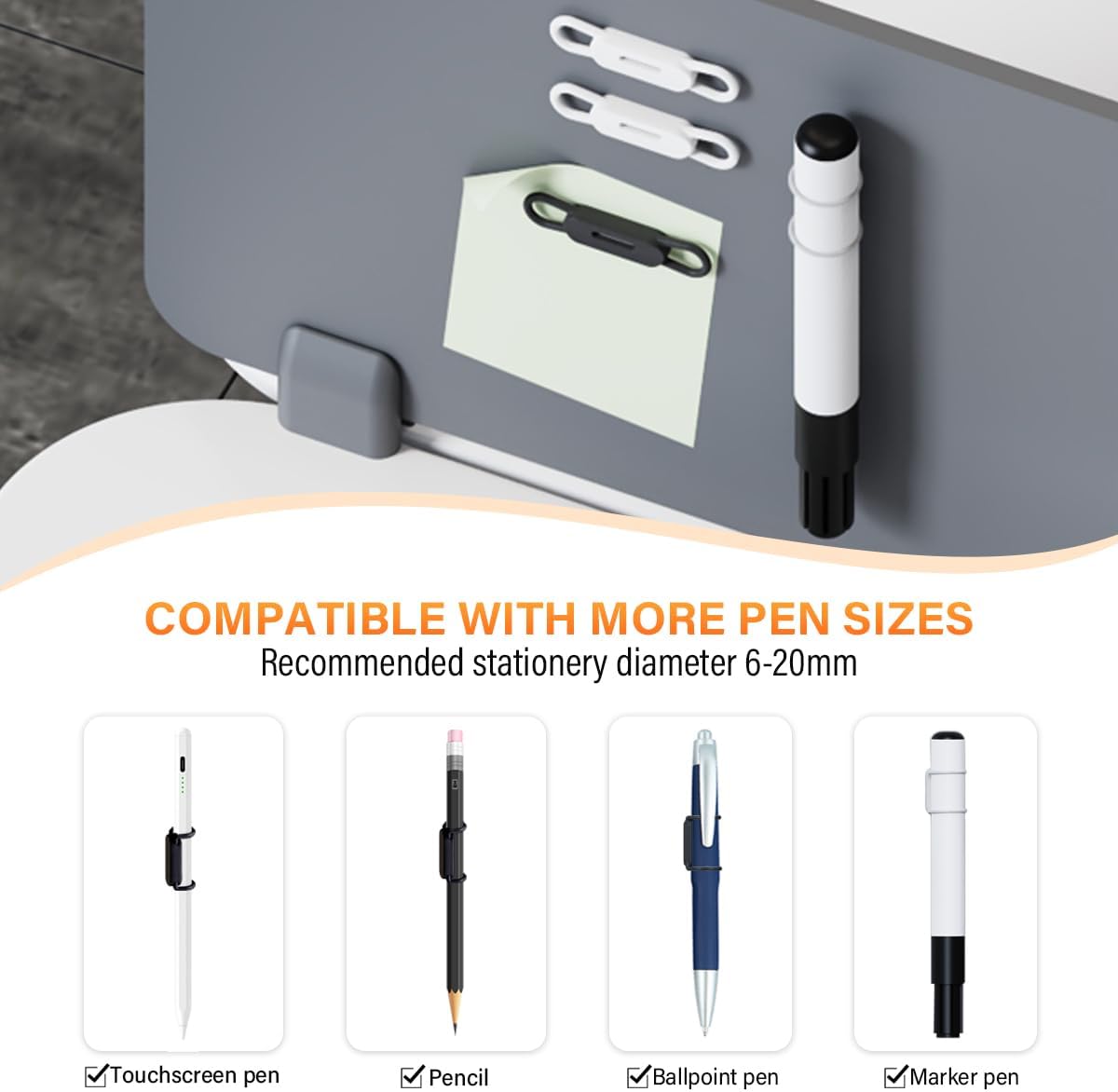 XYOFUN Magnetic Pen Holders Set of 8, Adjustable Pencil Clip, White & Black | Silicone Flexible Pencil Holder, For Refrigerator, Whiteboards, Desk Accessories & Teacher Supplies
