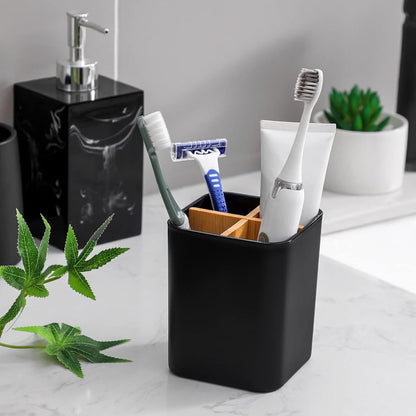 Bamboo Toothbrush Holder for Bathrooms Toothpaste Organizer - Black | Detachable Inserts, 3 Slots, Bathroom Counter Organizer, for Kids Electric Toothbrushes, Floss, Razors
