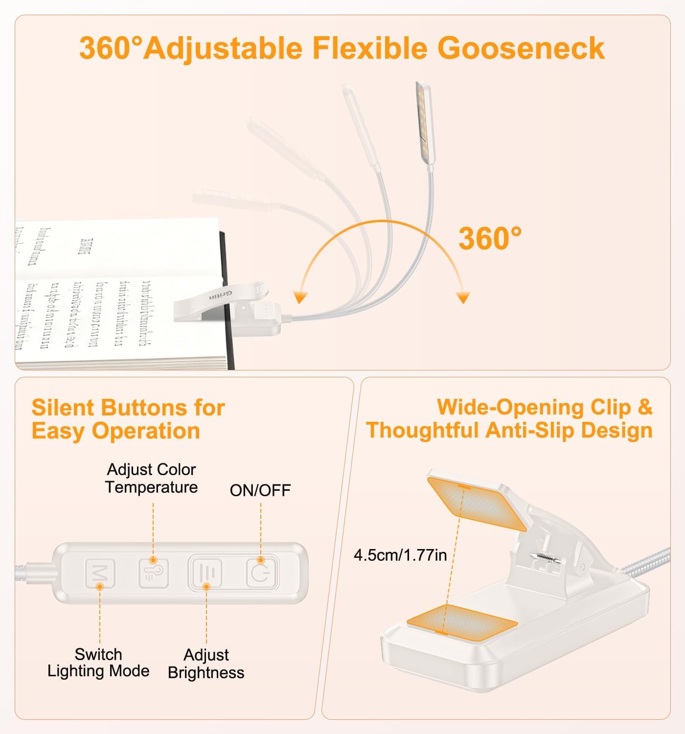Gritin 2026 Gen 2 Book Light for Reading- 30 Eye Caring Full Spectrum LED | 5 Colors & 5 Brightness, Adjustable Wide/Narrow Beam, Upgrade 1500mAh Long-Lasting Rechargeable Clip on Light for Book Lovers
