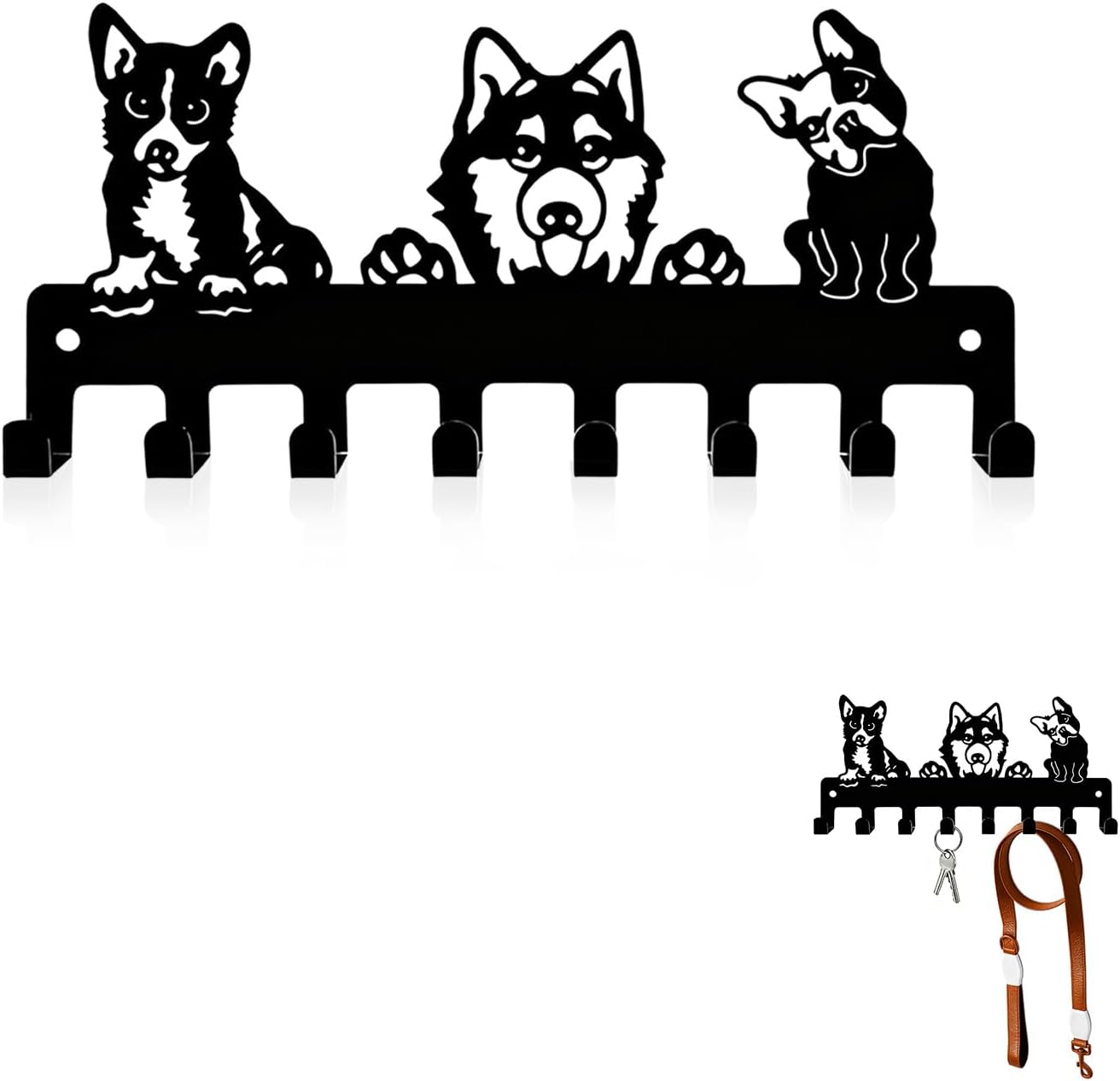 Dog Leash Holder for Wall, Key Holder Mount with 5 Metal Hooks, Pet Leash and Key Organizer, Screw Mounted Rack for Leashes Keys Collars, Entryway Garage Mudroom