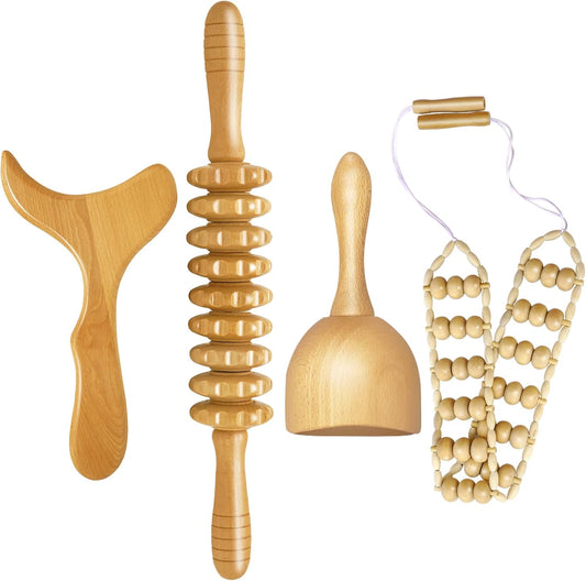 AICNLY 4 Pcs Wood Therapy Massage Tools for Body Shaping, Maderoterapia kit | Lymphatic Drainage Massager, Wooden Massage Roller, Anti-Cellulite Massager, Body Sculpting Tools Set
