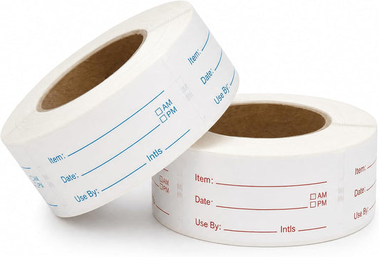 Food Labels for Containers, 2 Rolls, 500 Each, Meal Prep Kitchen Storage. | 1000 labels total. Writable fields Item Date Use By AM PM Initials. 1x2 inch labels for meal prep kitchen restaurant storage.
