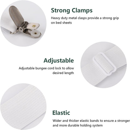 12Pcs Bed Sheet Straps, Adjustable Elastic Mattress Sheet Fasteners Suspenders Holder, Fitted Sheet Straps Clips, Grippers to Hold Sheet, Mattress, Sofa, Table Cloth