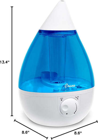 Crane Ultrasonic Cool Mist Humidifier for Bedroom, Baby Nursery, Kids Room, Plants, or Office, Large 1 Gallon Tank, Filter Optional, Blue and White