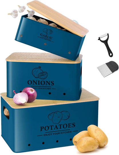 Kitchen Vegetable Storage Set of 3, Metal Onion Garlic Potato Storage Set, Kitchen Canisters Vegetable Keeper Containers with Aerating Holes and Bamboo Lid,Black