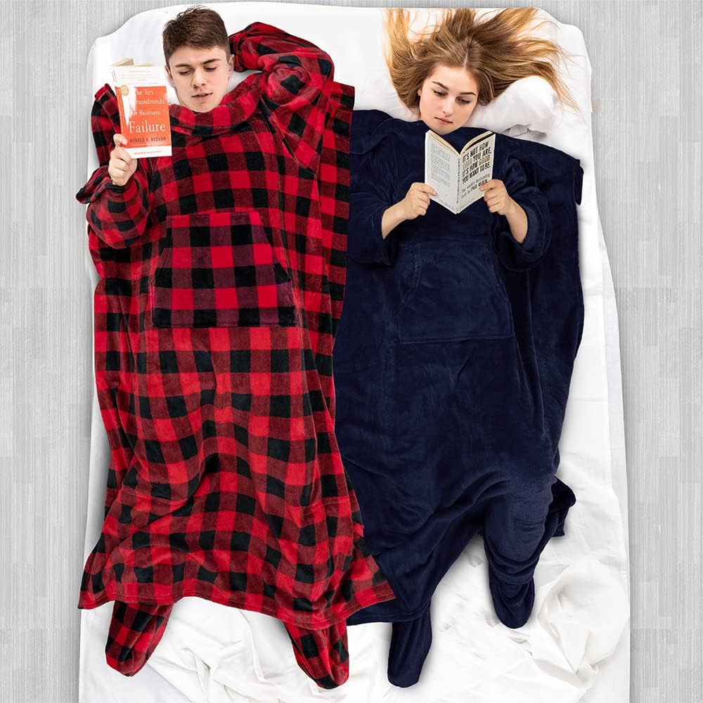 PAVILIA Fleece Blanket with Sleeves, Foot Pockets for Women Men Adults, Plush Wearable Blanket Throw Wrap, Warm Snuggle Blanket Robe, Cozy Gift Ideas Wife Mom, Dark Purple