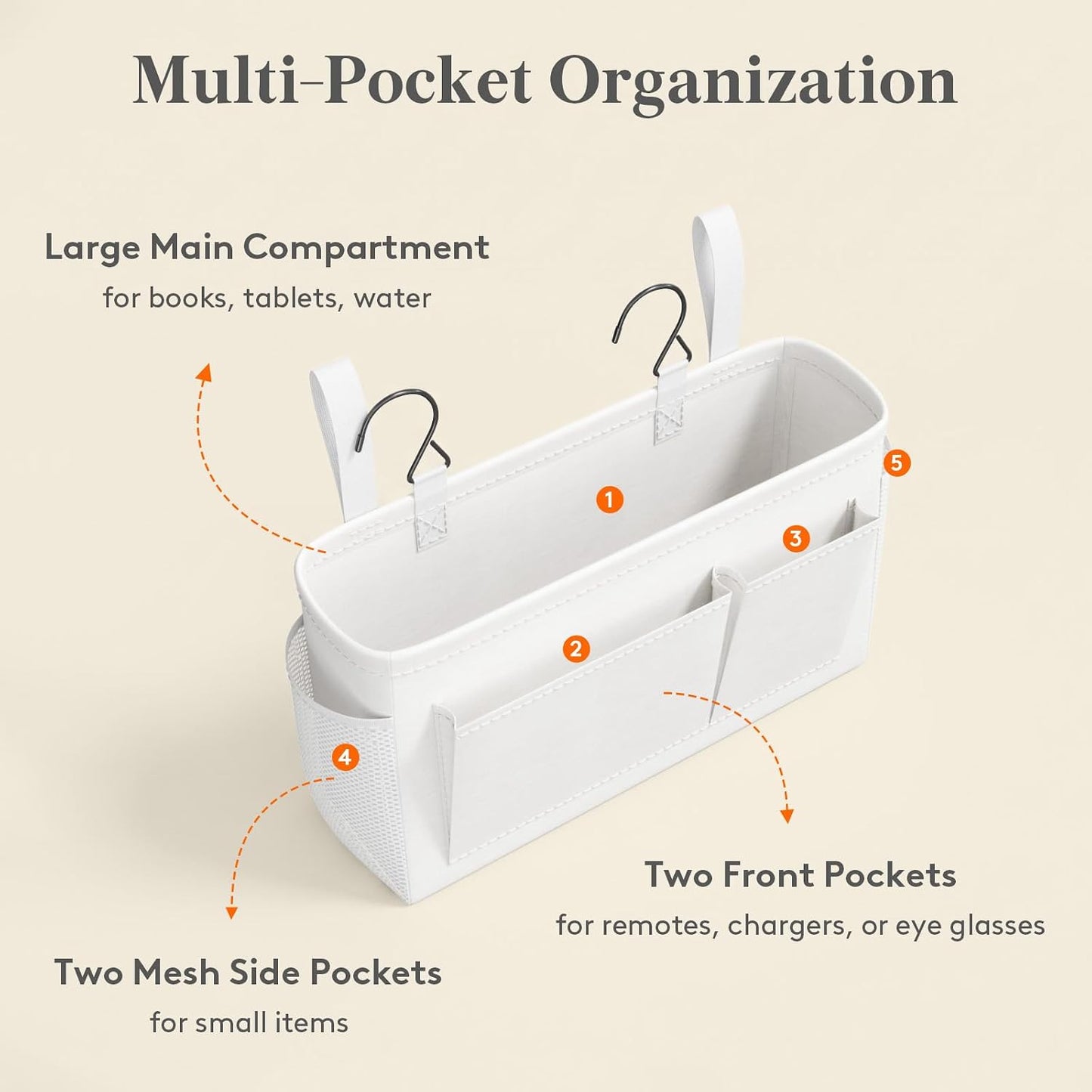Lifewit Bedside Caddy Storage Organizer, Hanging Storage Bag with Fixed Straps, Book Remotes Holder for Home, College, Dorm, Bunk, Hospital, Crib Bed Rails, White