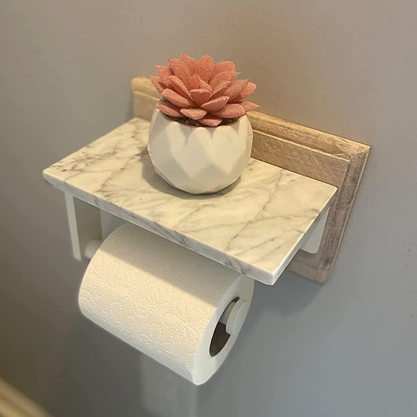 Gypie Marble Toilet Paper Holder with Shelf, Wall Mounted Matte Black | Stainless Steel Tissue Roll Paper Holder Dispenser for Bathroom Washroom