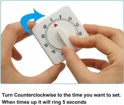 Hitefu Square 60 Minute Mechanical Kitchen Timer, White, 2 Pcs | Visual Cooking Timer, Loud Alarm, No Batteries, For Classroom / Home