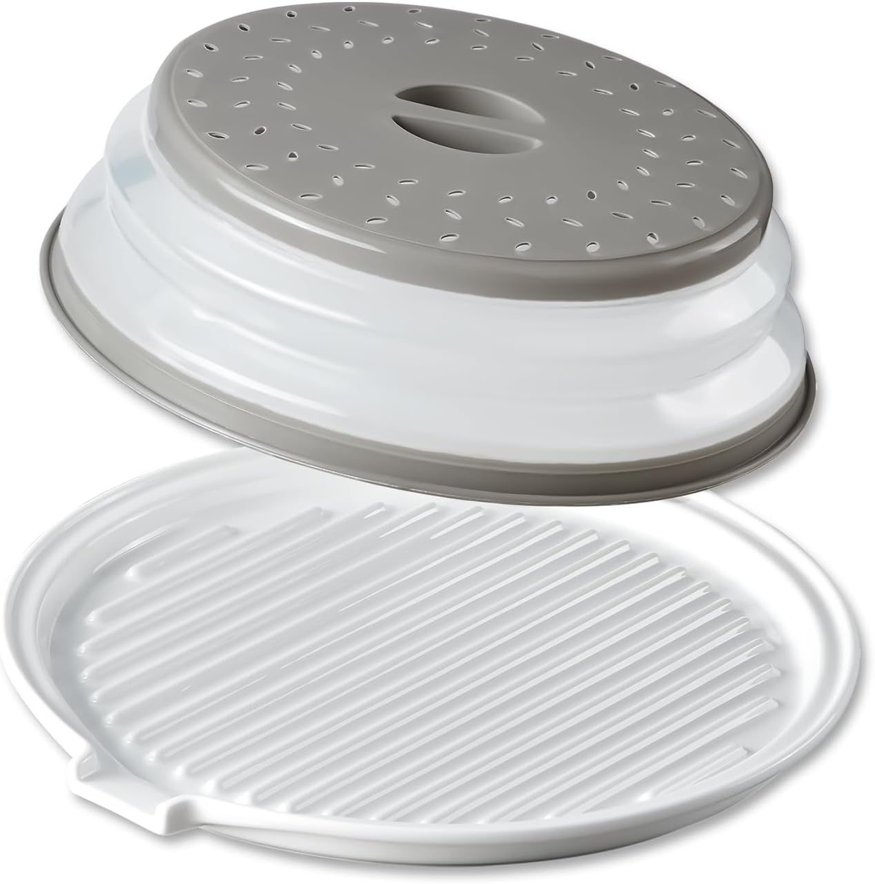 ONEMORE Microwave Bacon Cooker, Ceramic Bacon Tray with Splatter Cover | Meat Rack for Oven Cooking Crispy Bacon Maker with Collapsible Lid - 13 inch Round Bacon Dish Plate, Dishwasher Safe, White