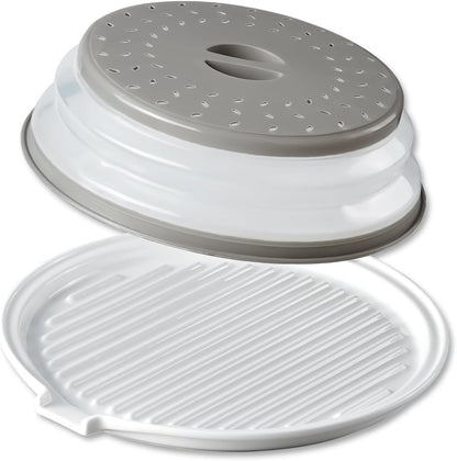 ONEMORE Microwave Bacon Cooker, Ceramic Bacon Tray with Splatter Cover | Meat Rack for Oven Cooking Crispy Bacon Maker with Collapsible Lid - 13 inch Round Bacon Dish Plate, Dishwasher Safe, White