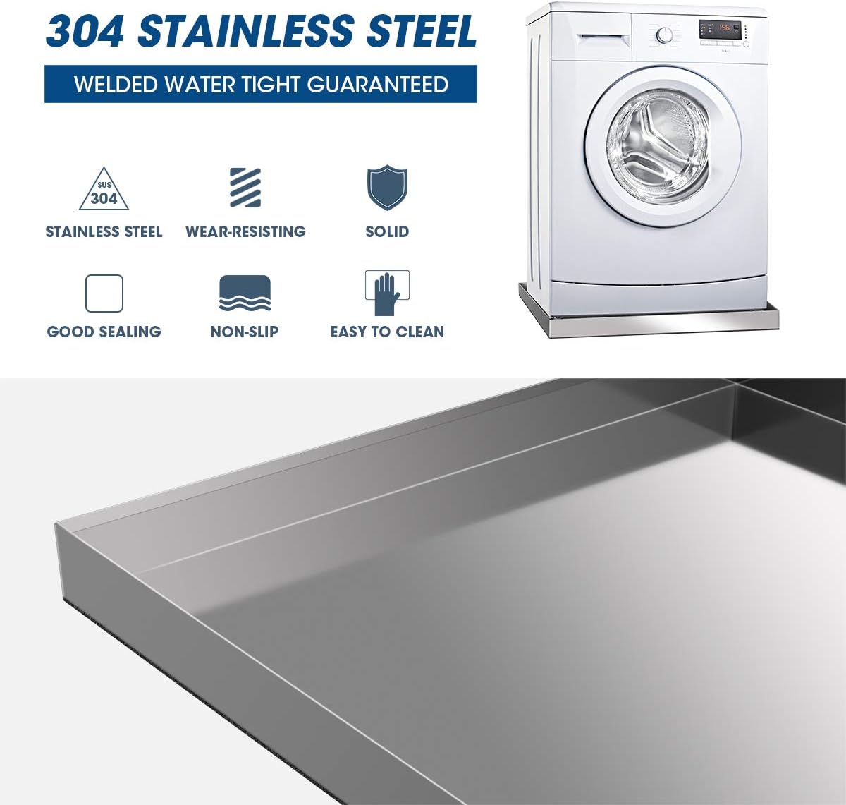 28" x 30" x 2.5" Washing Machine Pan, Leak Protection for Laundry Room | Washing Machine Tray with Anti-Slip Bottom Pad, Raised Edge Drain Pan, No Hole, Heavy Duty 304 Stainless Steel