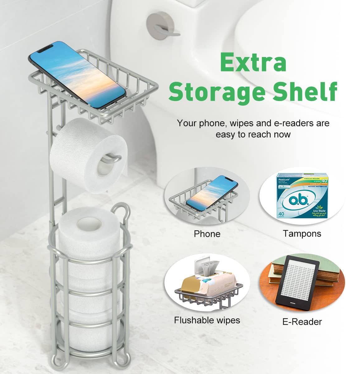 Toilet Paper Holder Stand Tissue Paper Roll Dispenser with Shelf for Bathroom Storage Holds Reserve Mega Rolls-Bronze