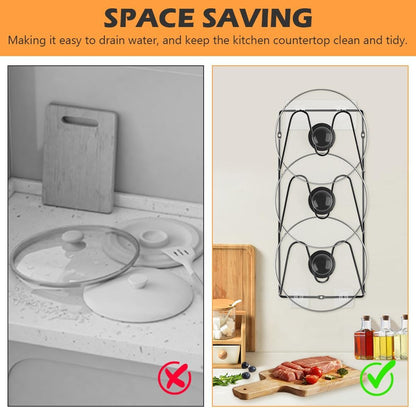 Pot Lid Organizer 2 Pack, Wall Mount Cabinet Door Lid Rack | 3-tier iron racks for pot lids, pan lids, baking sheets, trays, and cutting boards; adhesive or screw mount