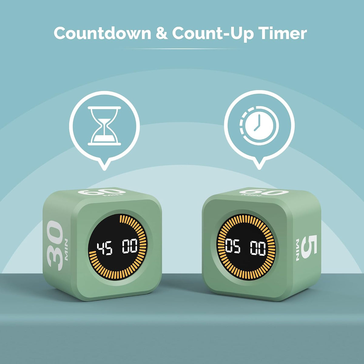KADAMS Pomodoro Timer – Visual Cube with 5/10/30/60 Min Presets, LED Countdown Ring & Count Up Mode, Silent Flip Productivity Timer for Study, Classroom, Office, Cooking (Green 5-10-30-60 min)
