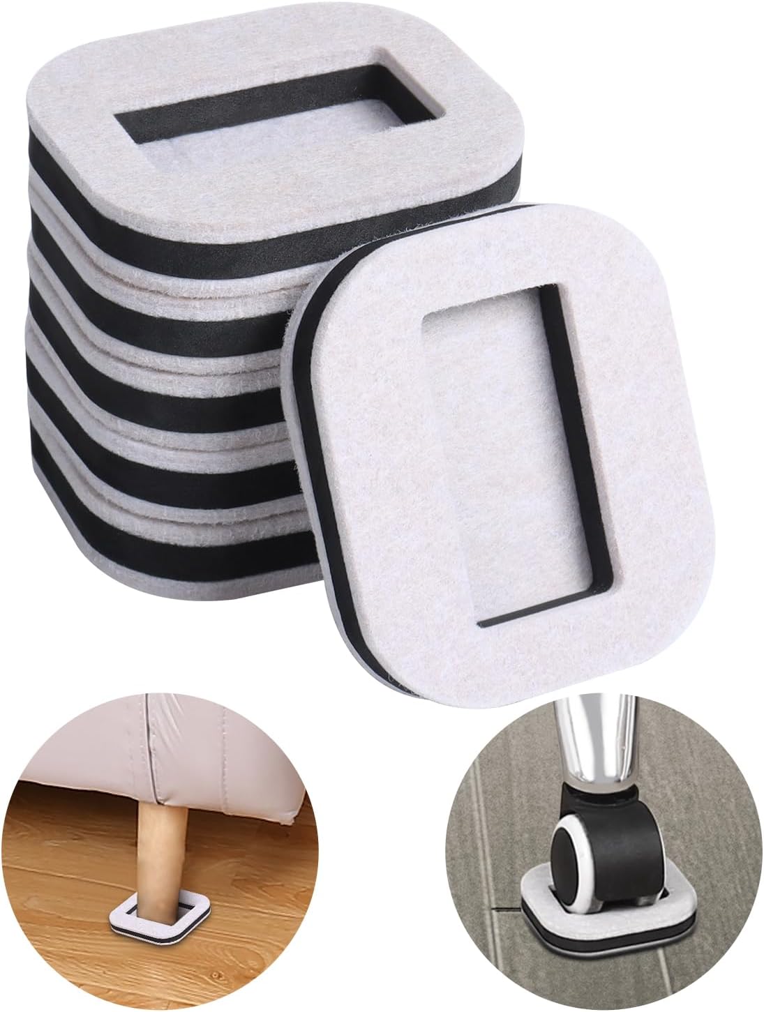 12 PCS Felt Furniture Coasters Caster Cups for Hardwood Floors, Felt Bottom Furniture Pads, Bed Office Chair Fridge Furniture Wheel Stopper to Prevent Sliding and Scratches (Black, L: 2.6" * W:1.8")