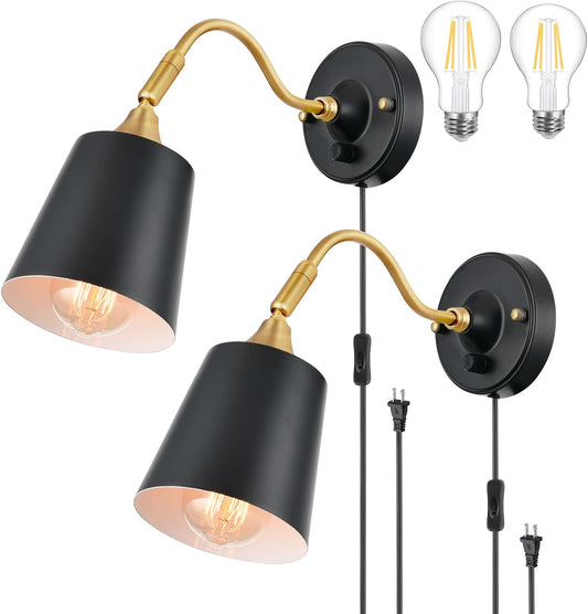 TRLIFE Wall Sconces Plug in, Dimmable Wall Lights with Plug in Cord Adjustable Lighting Angle Wall Mounted Light with On/Off Rotary Switch for Bedside, Bedroom, Over Mirror(2 Pack, 2 Bulbs Included)