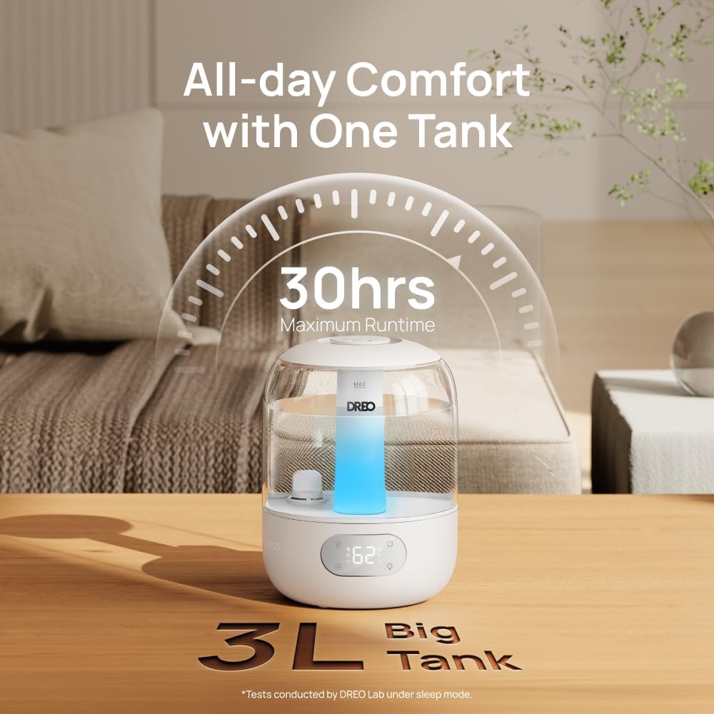 DREO 3L Humidifiers for Bedroom, 30H Runtime, 26 dB Quiet, Black