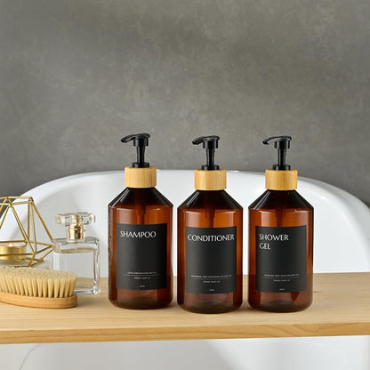 Shampoo and Conditioner Dispenser Set of 3 for Wall Mount | 16.9 fl oz Drill Free Shower Soap Bottles,Refillable Body Wash Dispensers for Bathroom Decor (Amber Bottles + Bamboo Pumps)