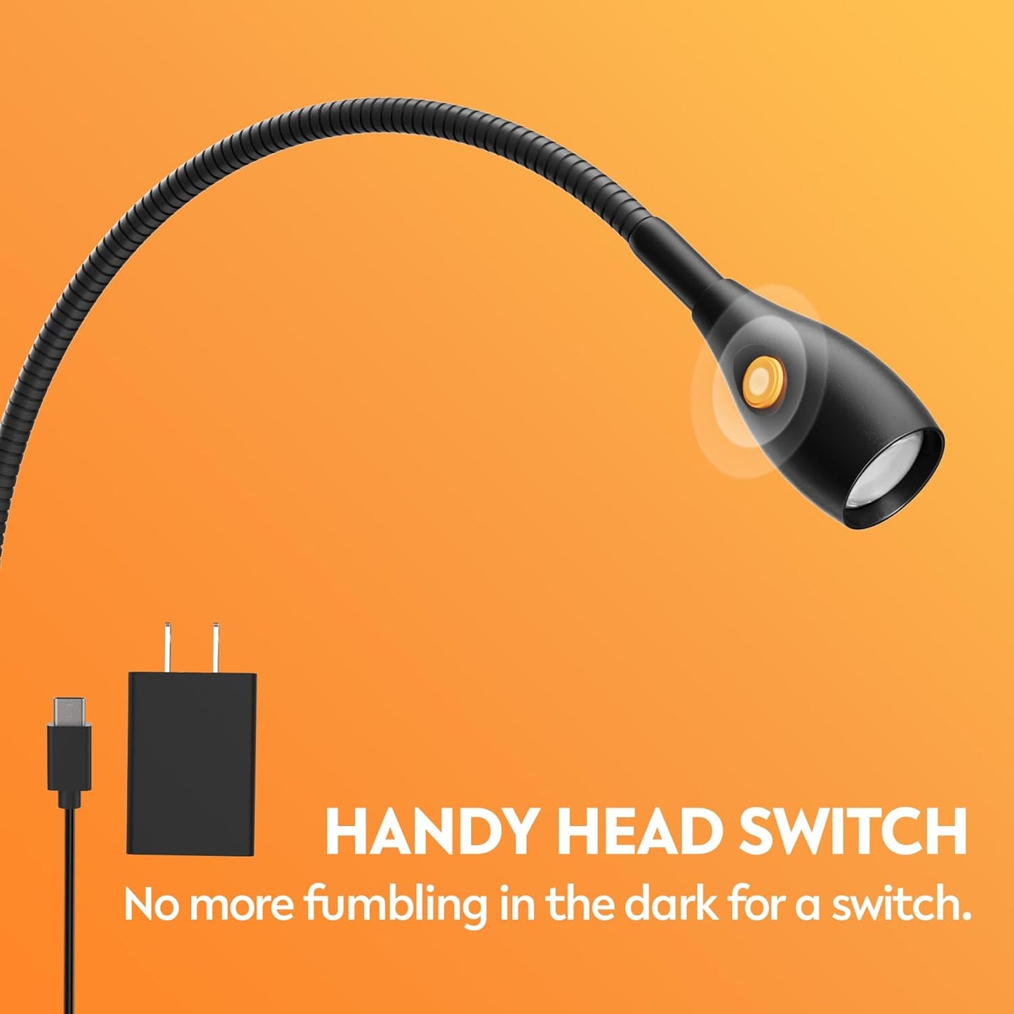 acegoo Minimalist Clip On Reading Light, Head Switch Headboard Book Lamp | With USB-C Adapter, Flexible Neck, Amber NightLight, All-Metal Design, CRI 90+, For Bed Headboard Bedroom Home Desk, Black